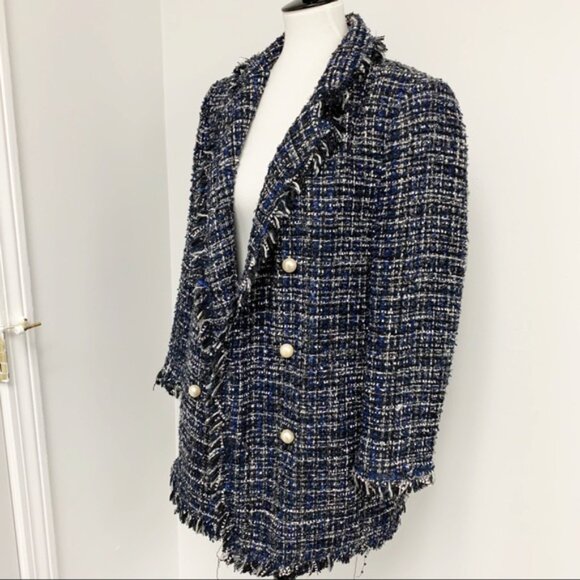 New Zara Tweed Coat Pearl Buttons Frayed CoCo Chanel Style - Picture 8 of 14